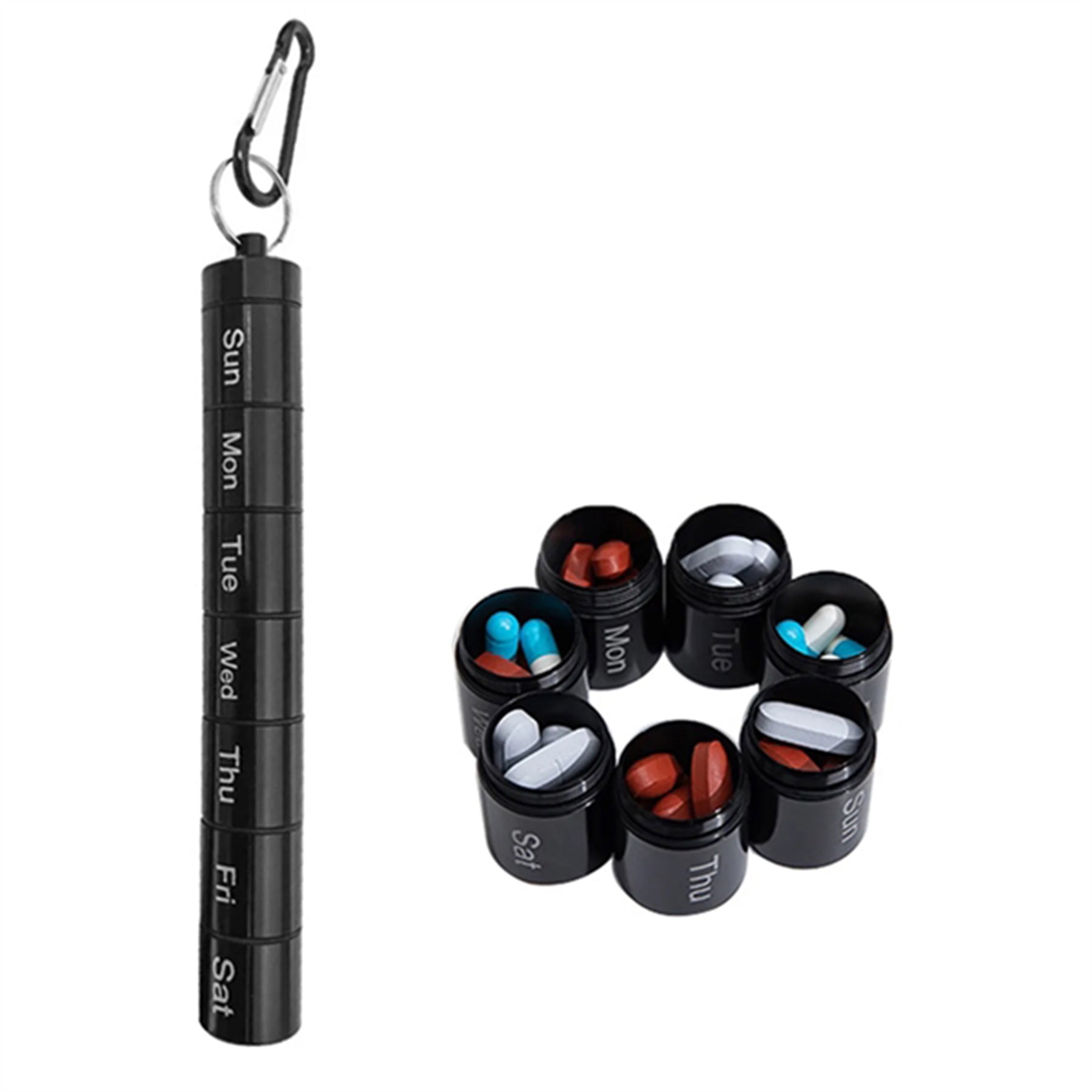 SUPSAW138 7 Days Rainbow Colour Aluminum Pill Bottle With Carabiner