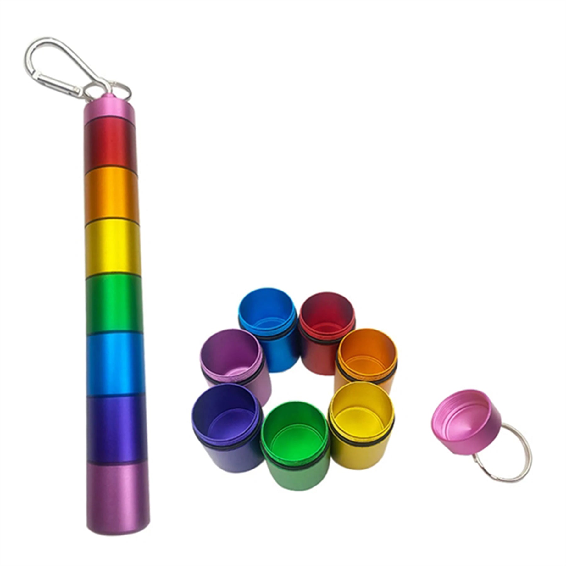 SUPSAW138 7 Days Rainbow Colour Aluminum Pill Bottle With Carabiner