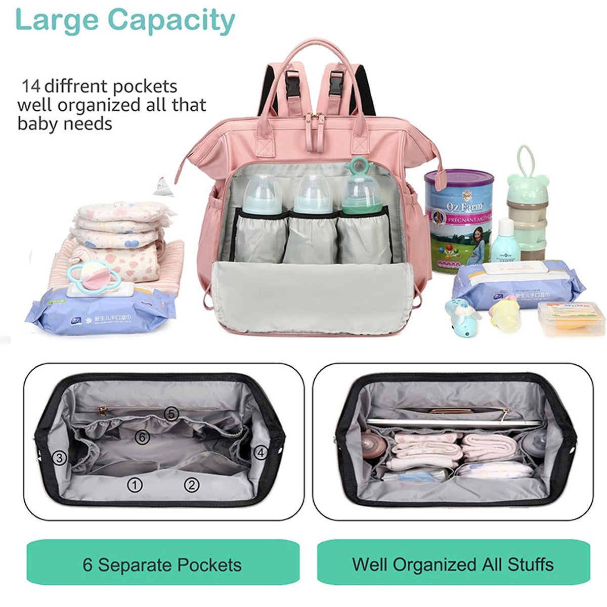 HUPSAZ33 Water-Resistant 14 Pockets Diaper Backpack