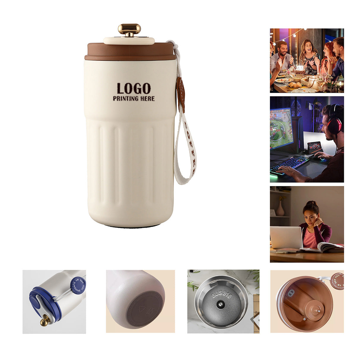 SUPSRC100 13 Oz. Stainless Steel Matte Finish Insulated Coffee Tumbler with Carrying Strap