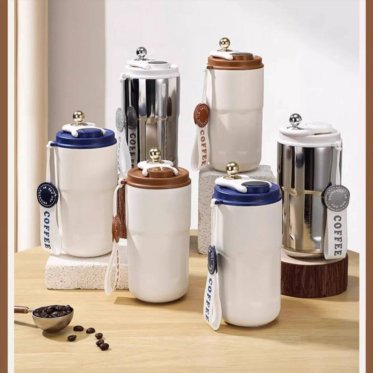 SUPSRC100 13 Oz. Stainless Steel Matte Finish Insulated Coffee Tumbler with Carrying Strap