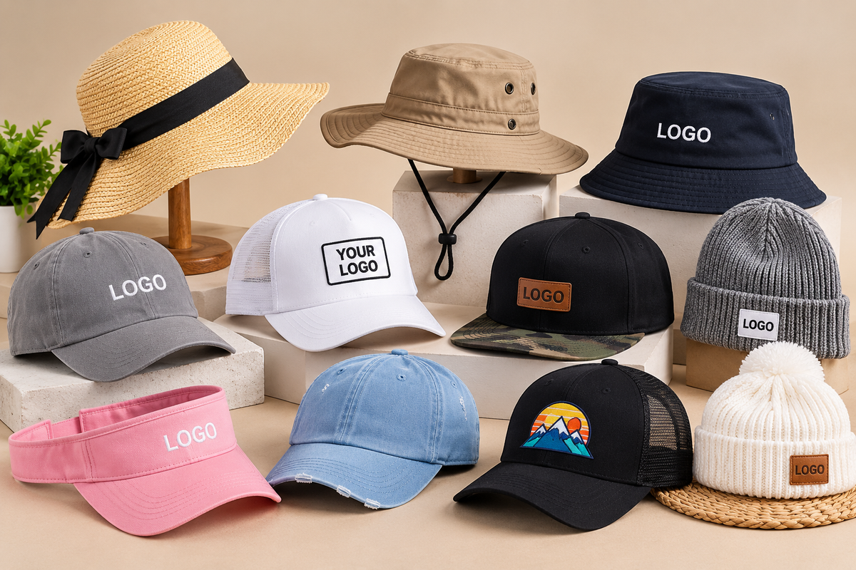 Custom hats in bulk: wholesale caps, beanies and visors with embroidered logo