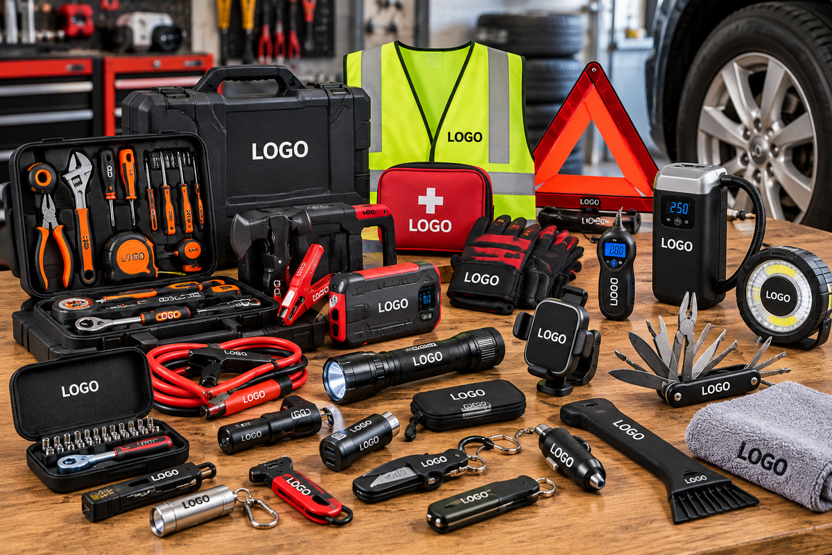 Promotional tools in bulk: wholesale auto accessories, flashlights and safety products with logo