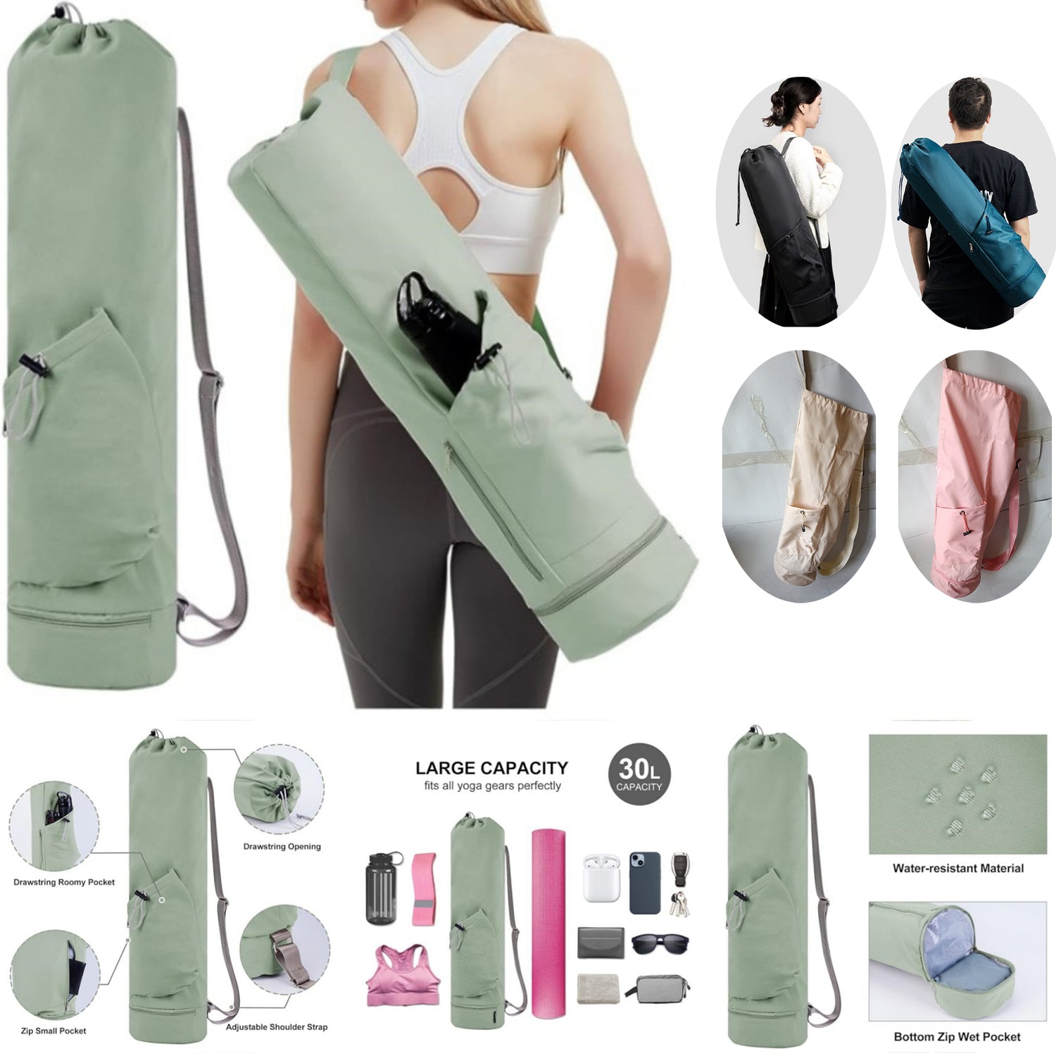 SUPSCH184 Yoga Mat Bag with Water Bottle Pocket and Bottom Wet Pocket