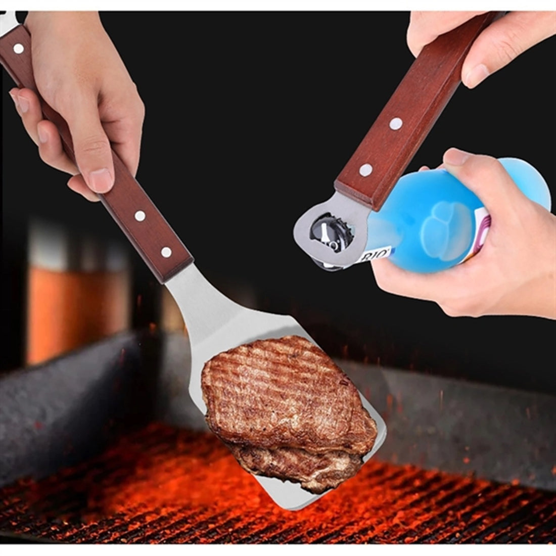 HUPSBY317 Stainless Steel Spatula with Bottle Opener and Wood Handle