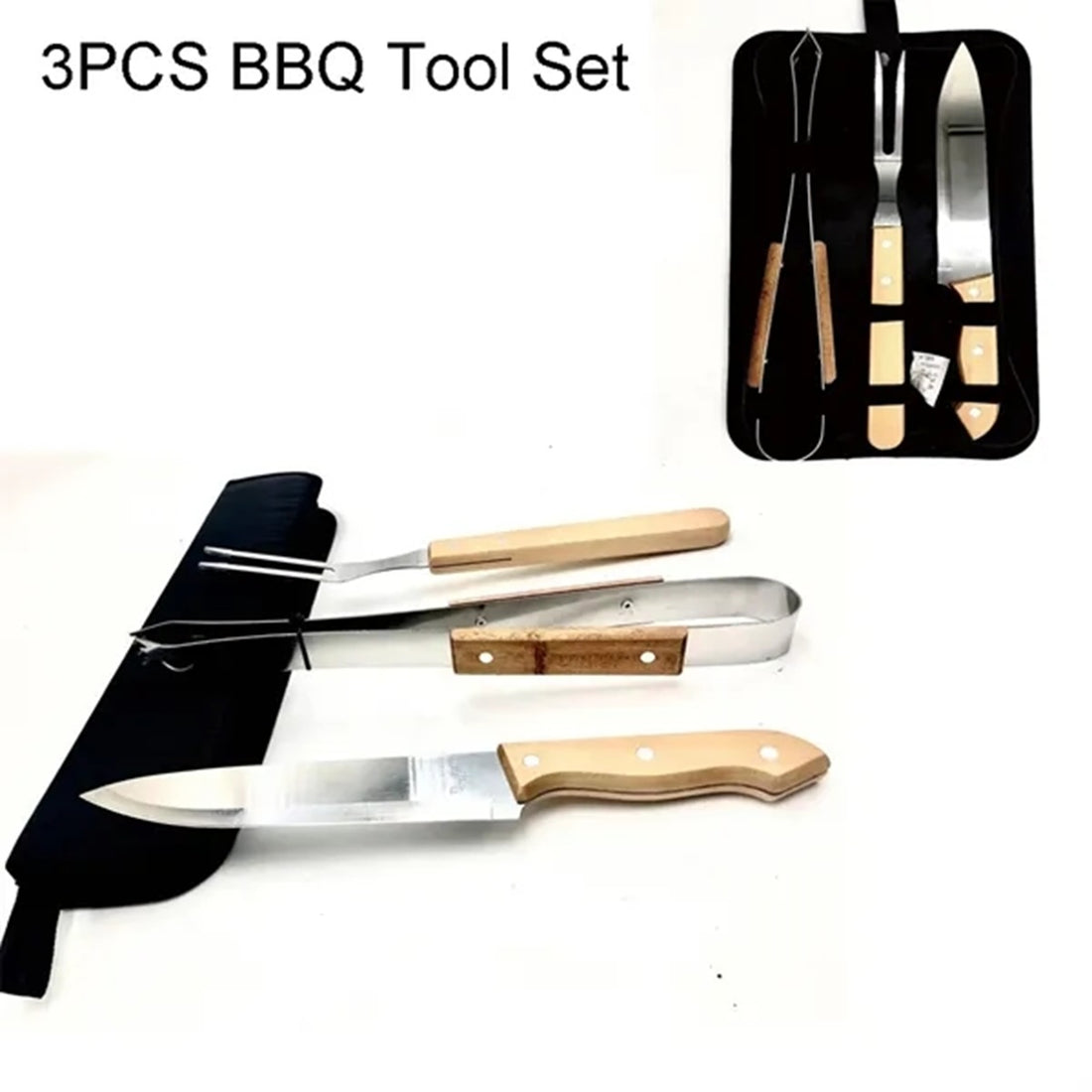 HUPSBY444 3PCS BBQ Grilling Tool Set With Wooden Handle