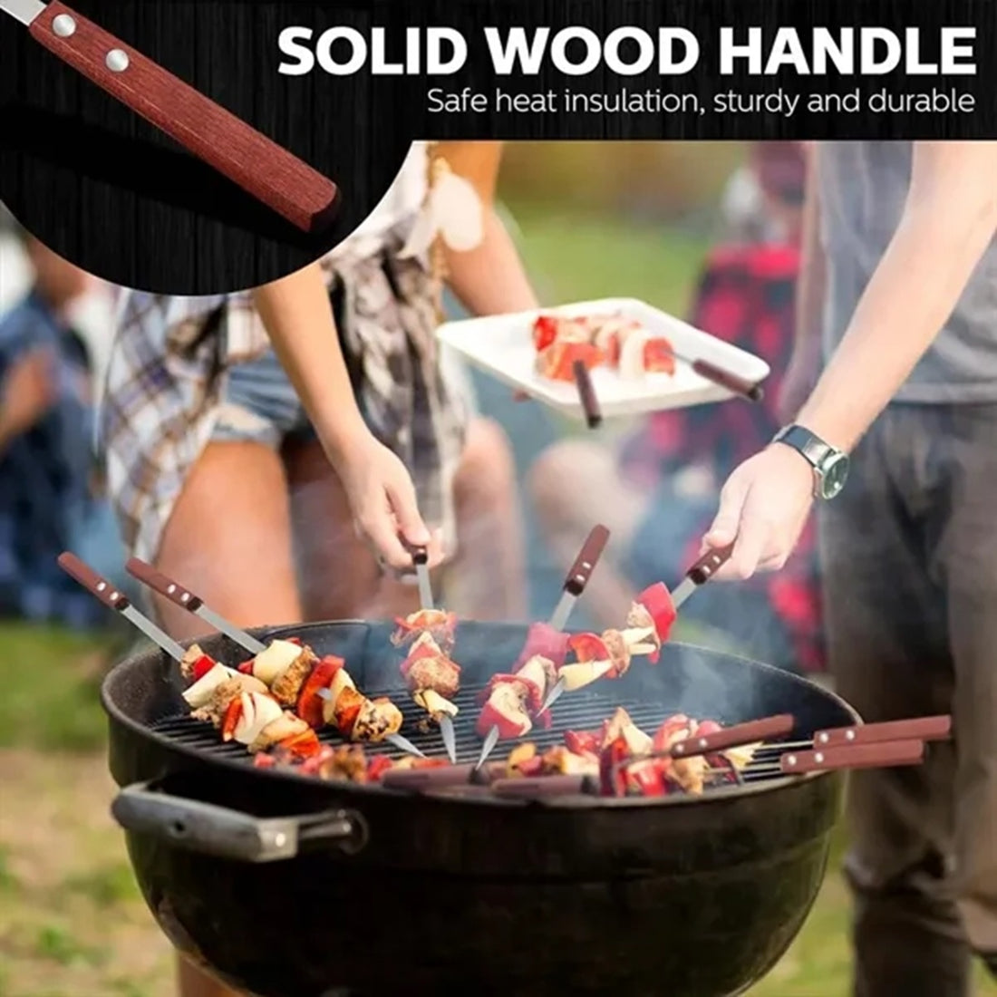HUPSBY456 Reusable Stainless Steel BBQ Kabob Skewer with Wood Handle