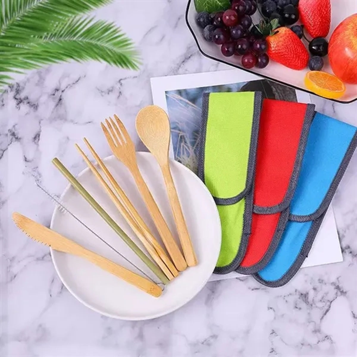 HUPSBY492 Reusable 7 Piece Bamboo Utensils Set In Travel Pouch