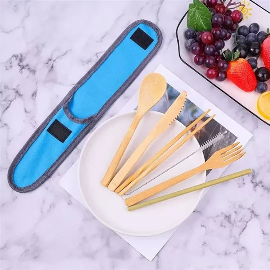 HUPSBY492 Reusable 7 Piece Bamboo Utensils Set In Travel Pouch