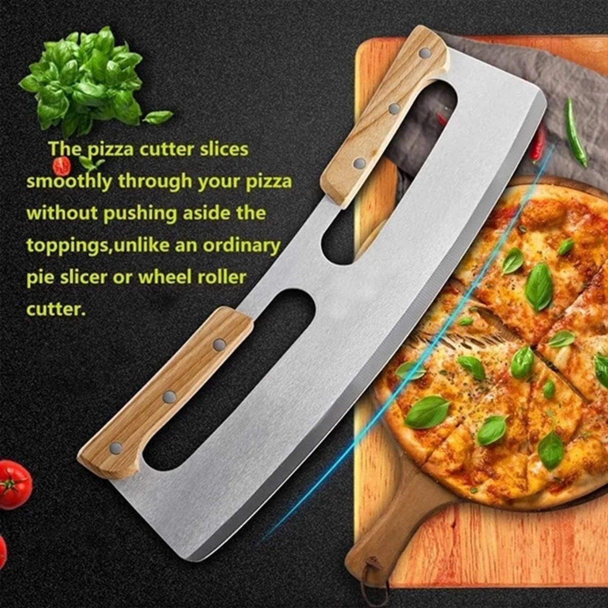 HUPSBY559 Pizza Cutter Rocker With Double Wooden Handle