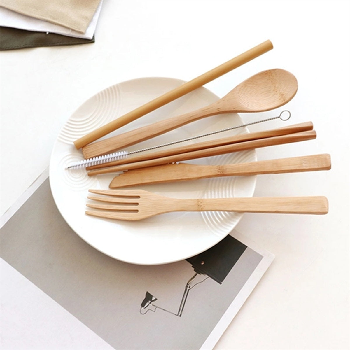 HUPSBY568 Bamboo Cutlery Set With Travel Pouch-6 Pieces