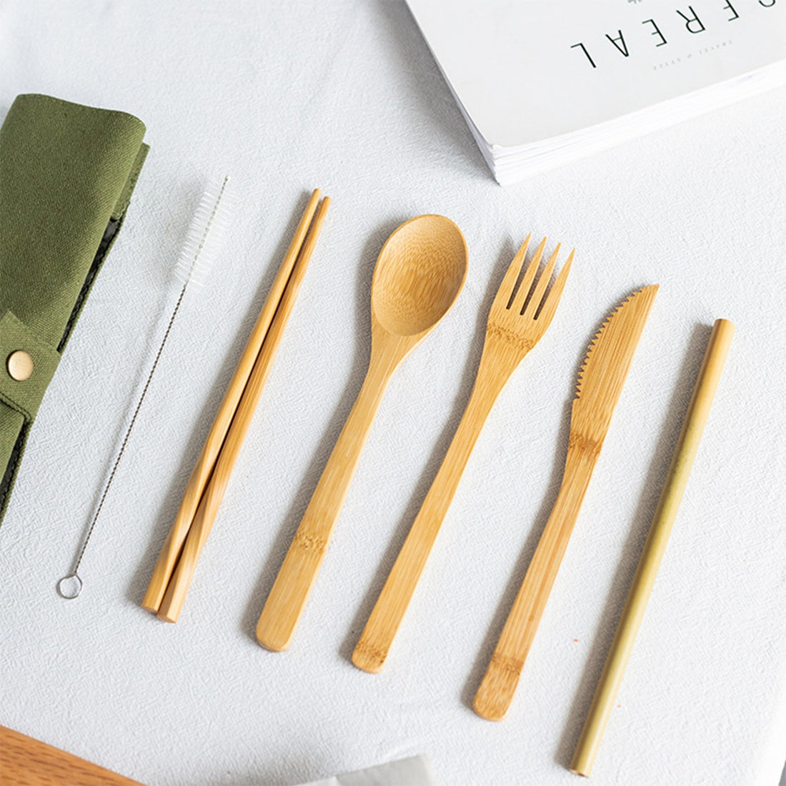 HUPSBY568 Bamboo Cutlery Set With Travel Pouch-6 Pieces
