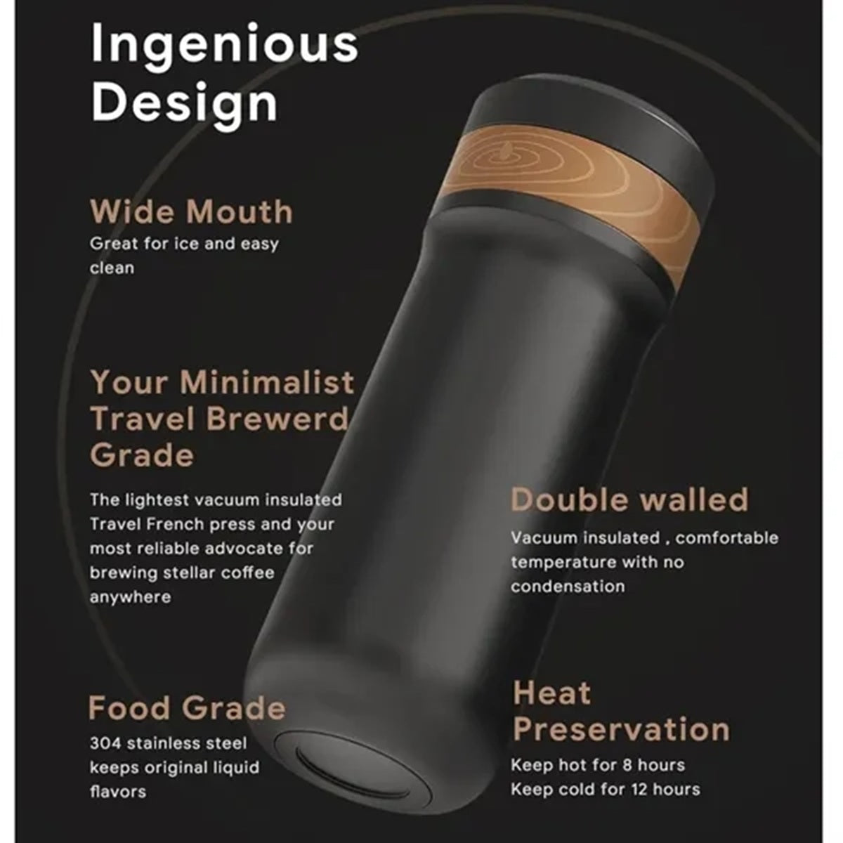 HUPSBY573 Portable French Press Car-Go Coffee Maker Insulated Bottle