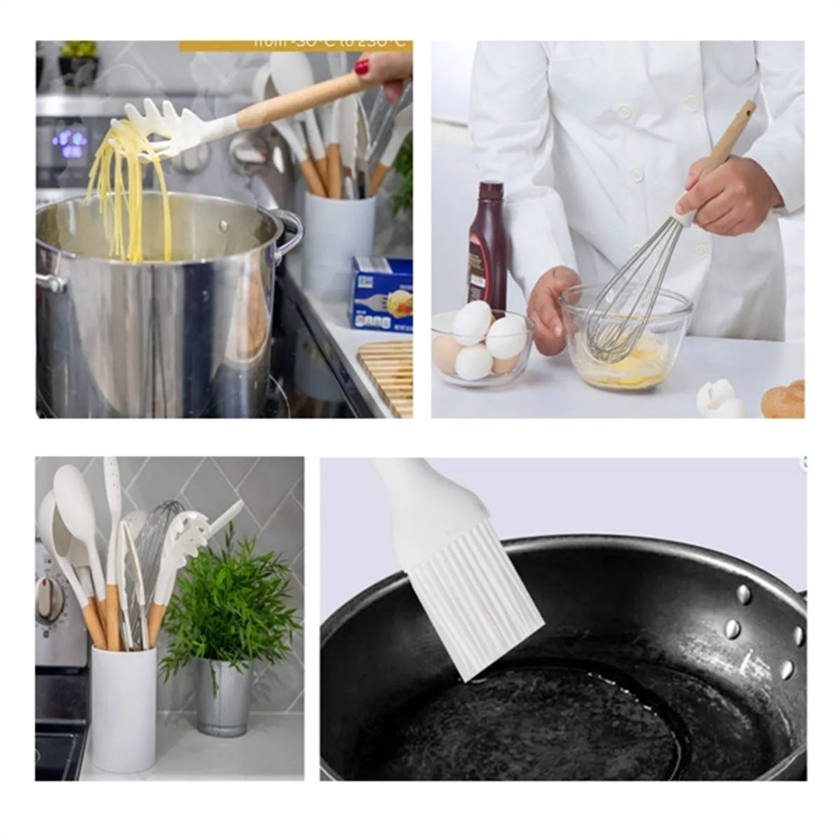 HUPSBY574 Heat Resistant Wooden Handle Silicone Kitchen Utensil Set