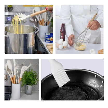 HUPSBY574 Heat Resistant Wooden Handle Silicone Kitchen Utensil Set