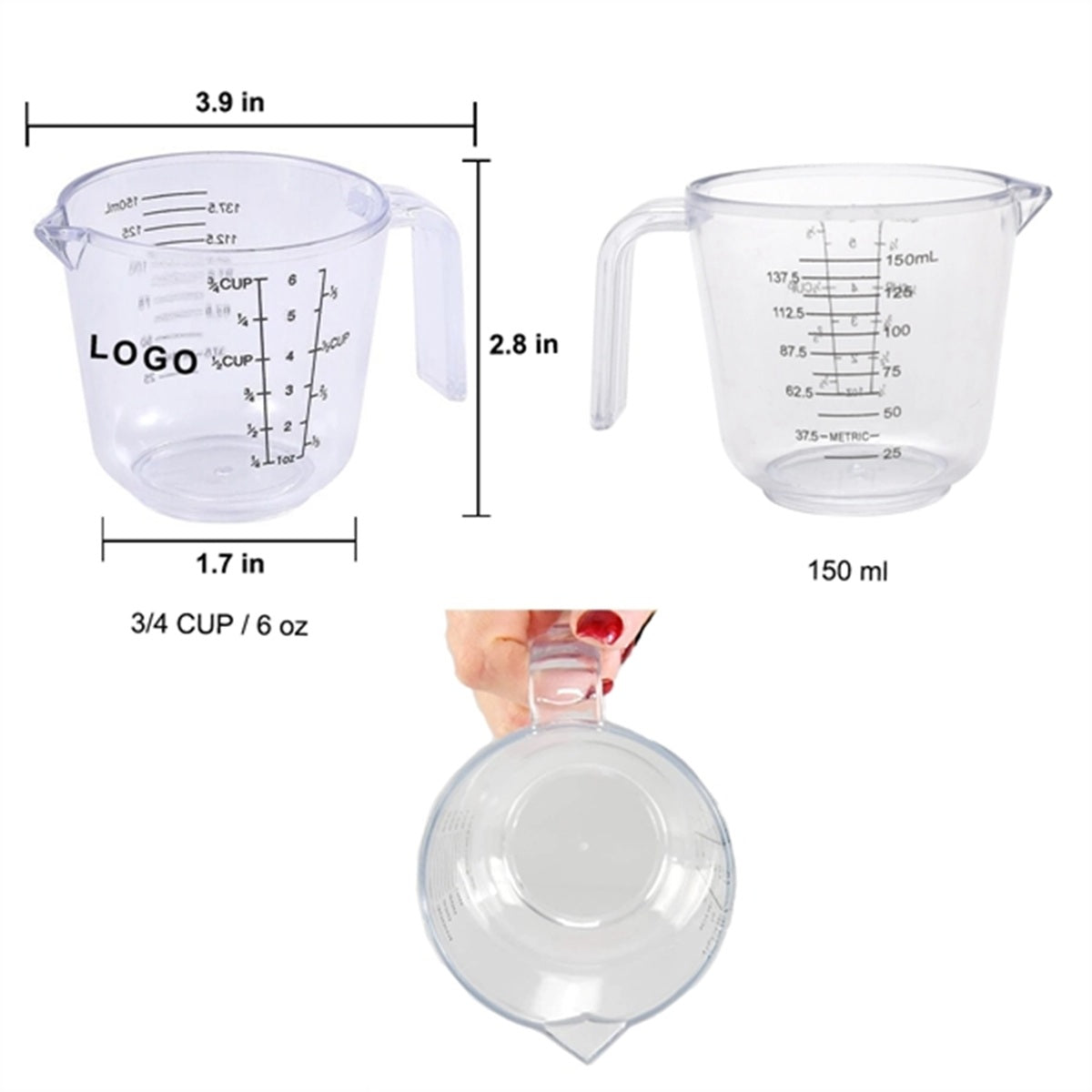 HUPSBY690 6 Oz. Clear Plastic Measuring Cup w/ Handle and Pour Spout