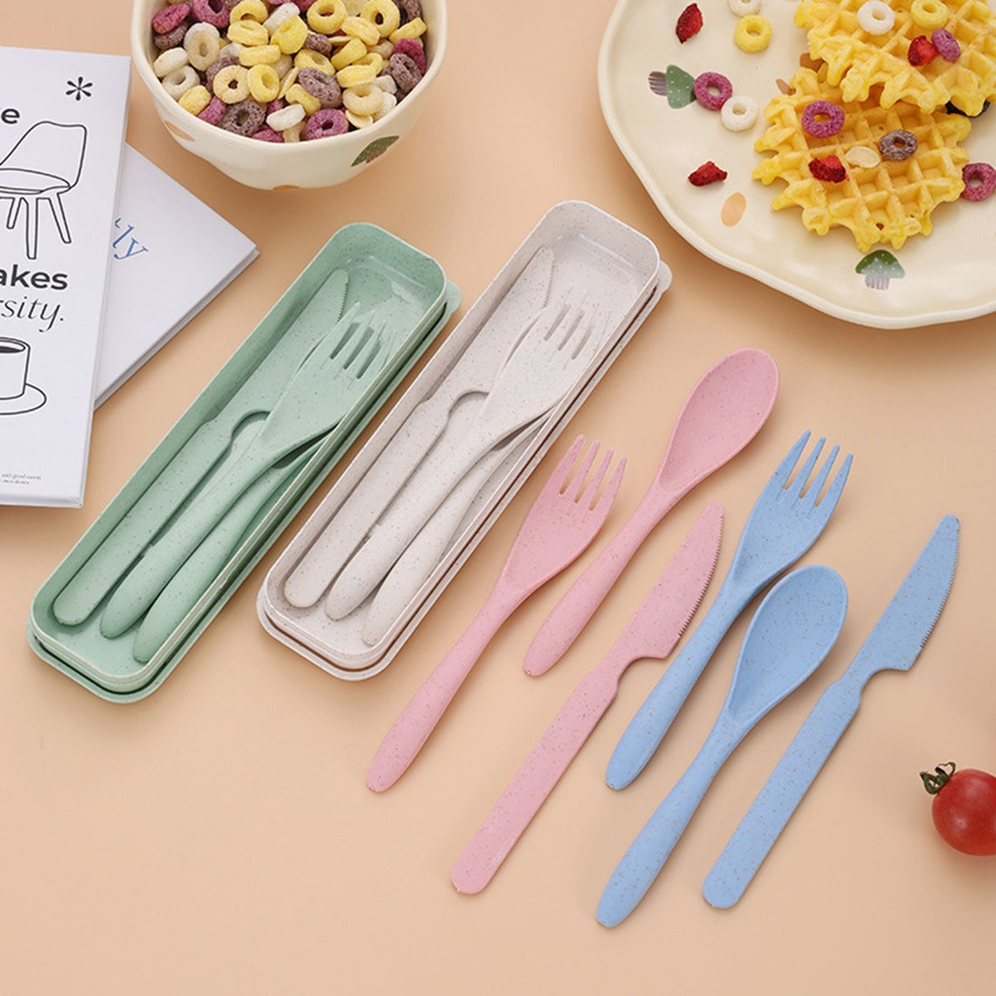 HUPSBY747 Four Sets Wheat Straw Portable Knife Fork Spoons Tableware