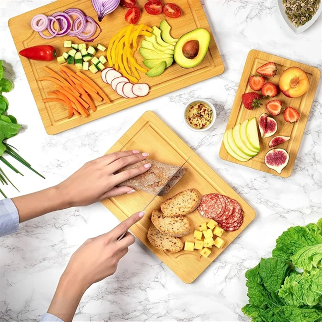 HUPSBY757 Wooden Serving Boards for Kitchen Meal Prep Bamboo