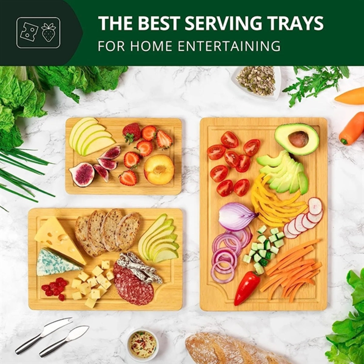 HUPSBY757 Wooden Serving Boards for Kitchen Meal Prep Bamboo