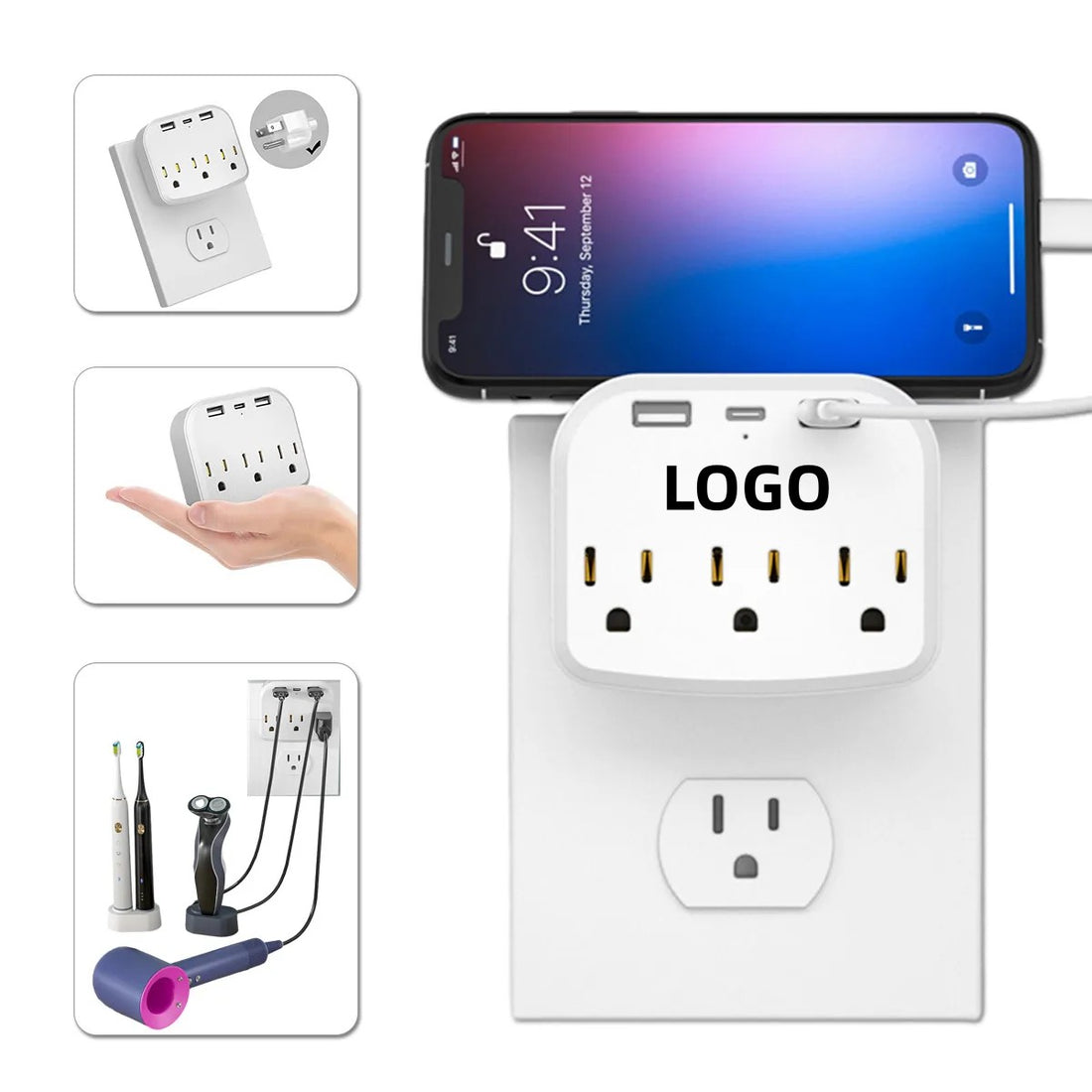 HUPSCG77 Wall Adapter Power Strip 3-Outlet Extender With 3 Usb