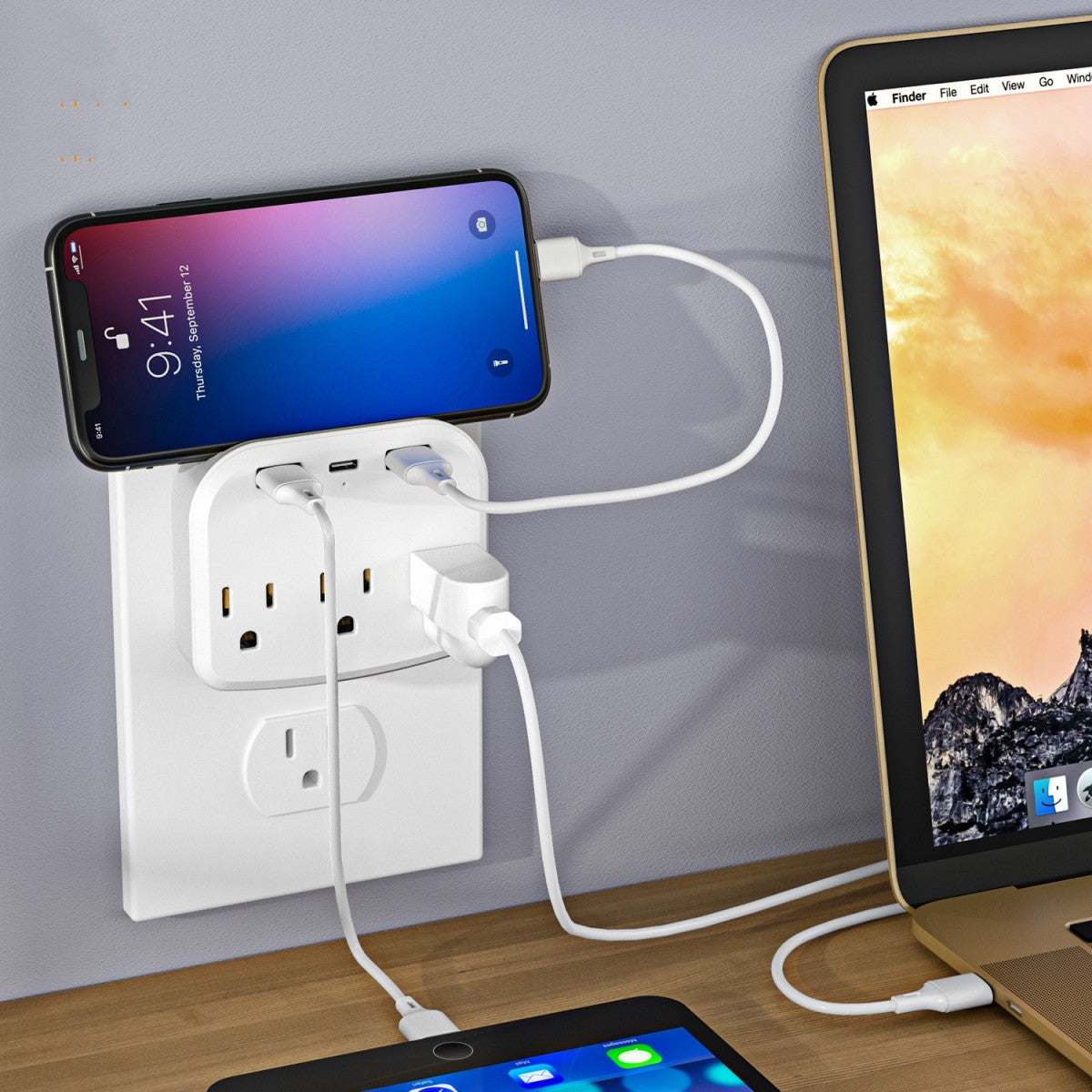 HUPSCG77 Wall Adapter Power Strip 3-Outlet Extender With 3 Usb