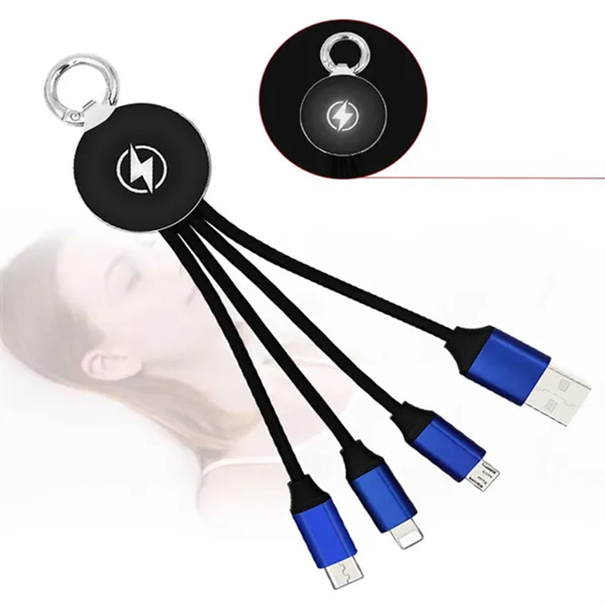 HUPSRC163 3 in 1 Premium Short Charging Cable with Round Carabiner