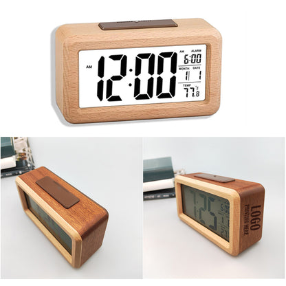 HUPSRC187 Bamboo Wooden LCD Alarm Digital Clock With Night Light Temp