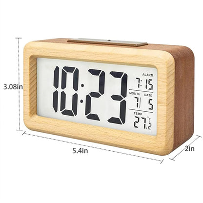 HUPSRC187 Bamboo Wooden LCD Alarm Digital Clock With Night Light Temp