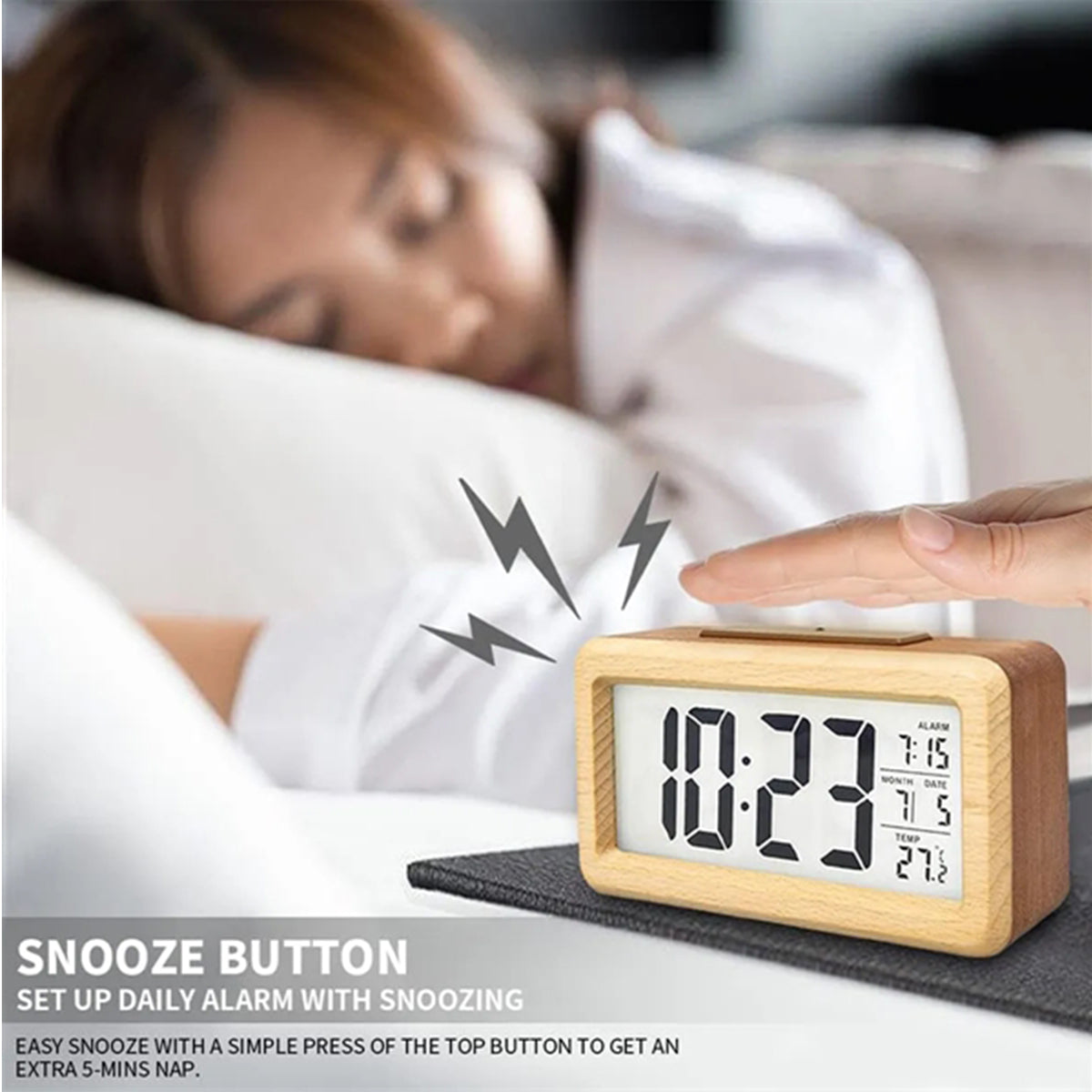 HUPSRC187 Bamboo Wooden LCD Alarm Digital Clock With Night Light Temp