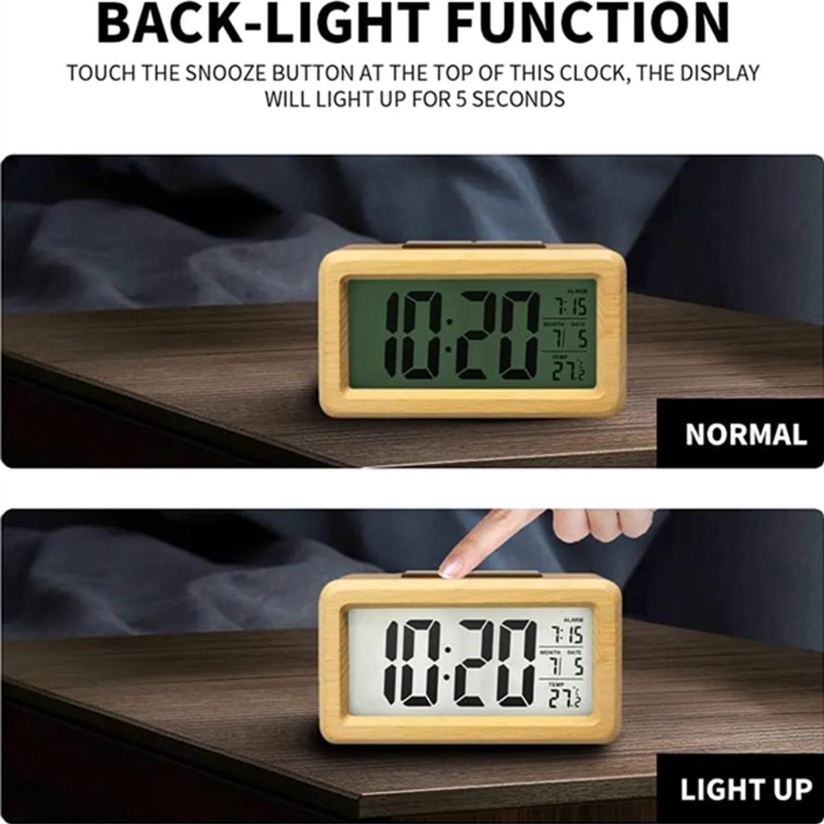 HUPSRC187 Bamboo Wooden LCD Alarm Digital Clock With Night Light Temp