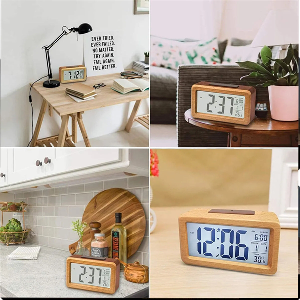 HUPSRC187 Bamboo Wooden LCD Alarm Digital Clock With Night Light Temp