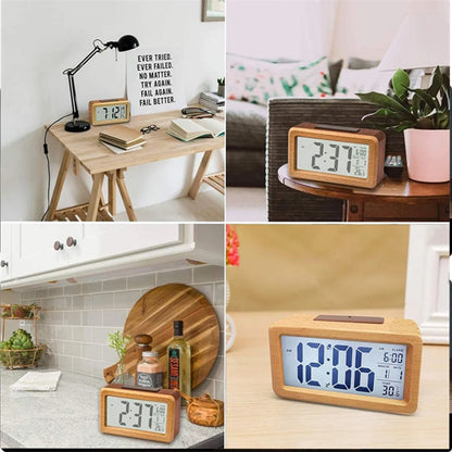 HUPSRC187 Bamboo Wooden LCD Alarm Digital Clock With Night Light Temp