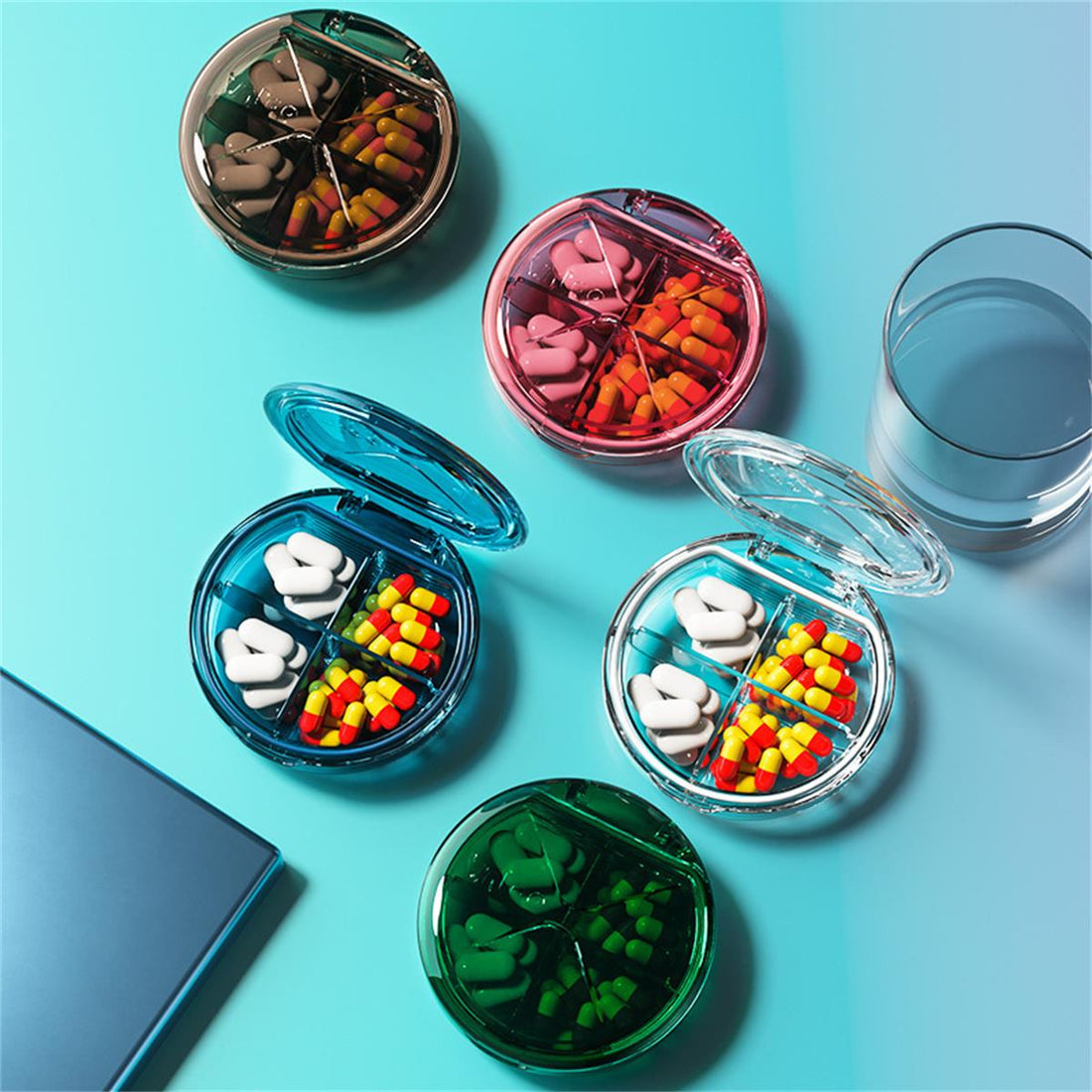 HUPSTL054 Travel 4 Compartments Round Pill Case Container