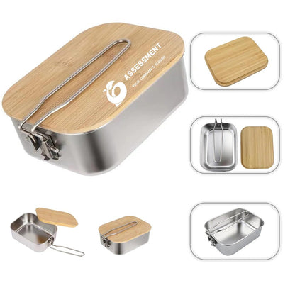 HUPSTL130 Stainless Steel Bamboo Wooden Cover Lunch Box