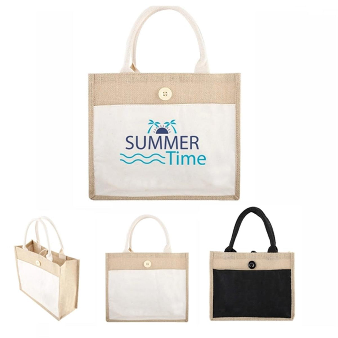 HUPSTL166 Burlap Jute Shopping Tote Bag W/Pocket Front