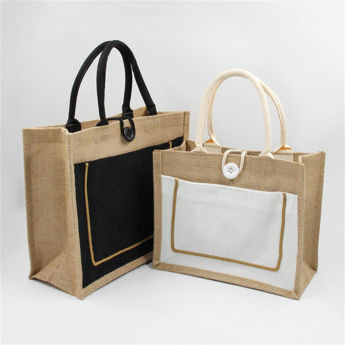 HUPSTL166 Burlap Jute Shopping Tote Bag W/Pocket Front