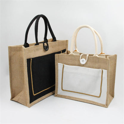 HUPSTL166 Burlap Jute Shopping Tote Bag W/Pocket Front