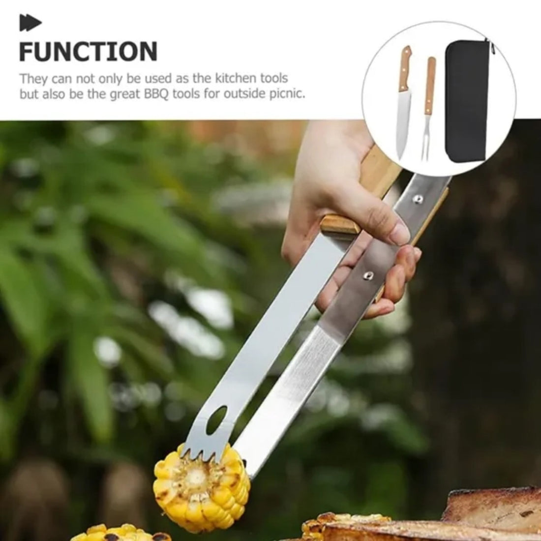 HUPSTL723 Stainless Steel BBQ Tools Wood handle Camp Carrying Bag Set