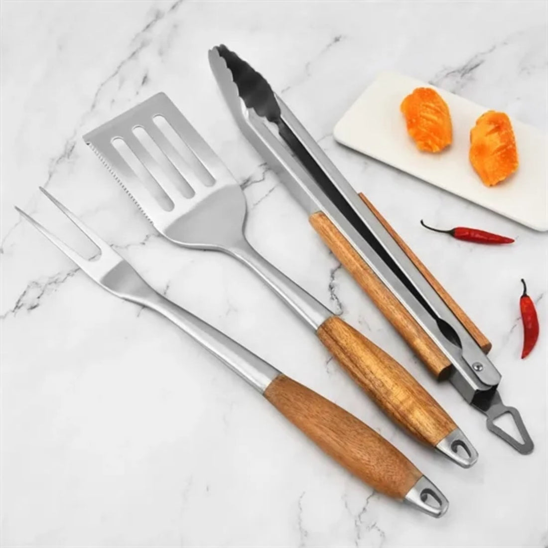 HUPSTL729 3-Piece BBQ Grilling Tool Set Stainless Steel Tongs Spatula
