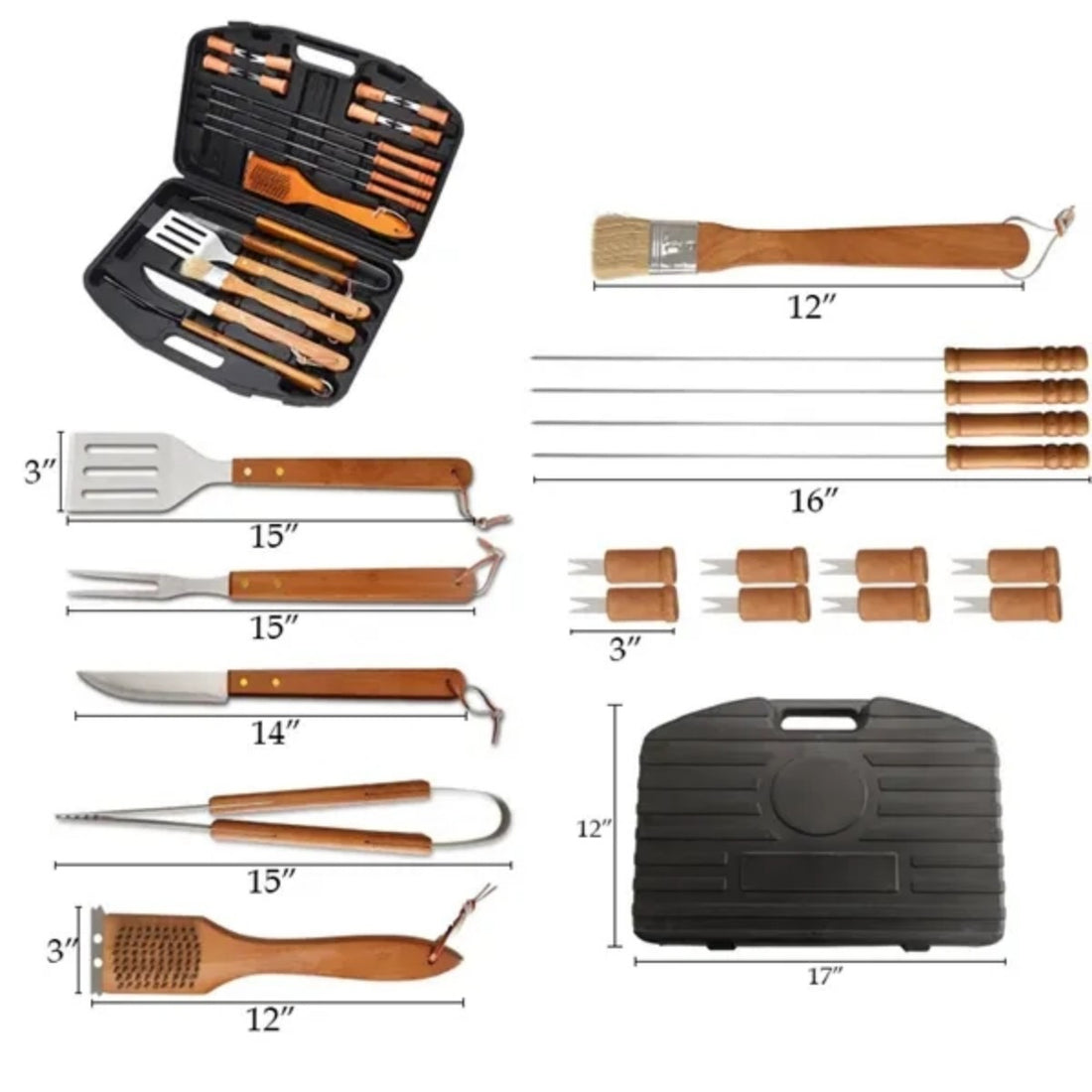 HUPSTL759 Wood Stainless Steel BBQ Tool Set 19 Pieces