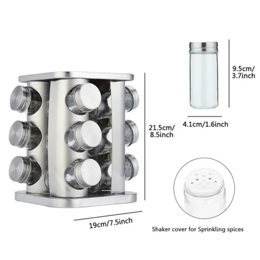HUPSTL770 Rotatable stainless steel square spice rack with glass jar