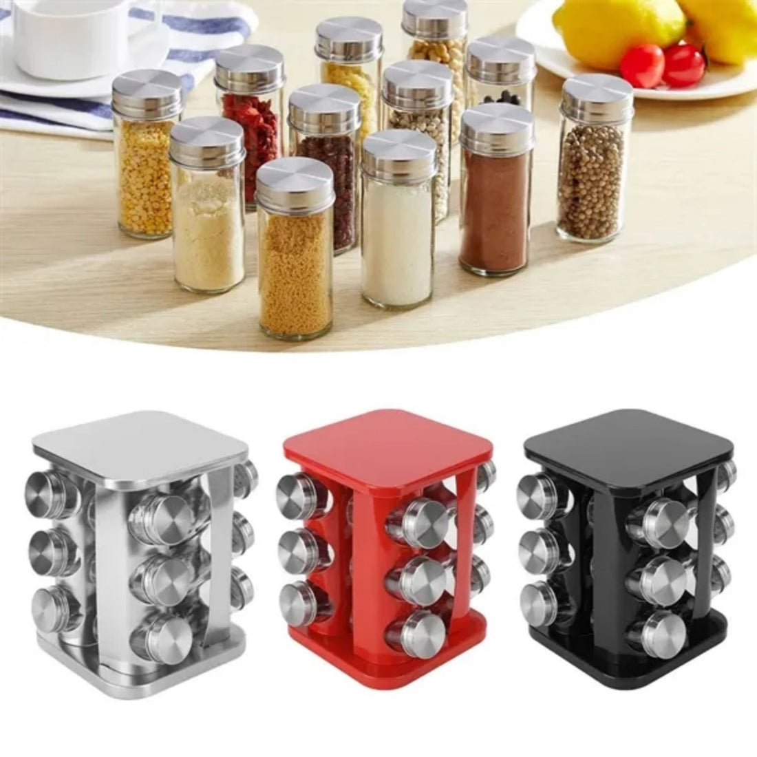 HUPSTL770 Rotatable stainless steel square spice rack with glass jar