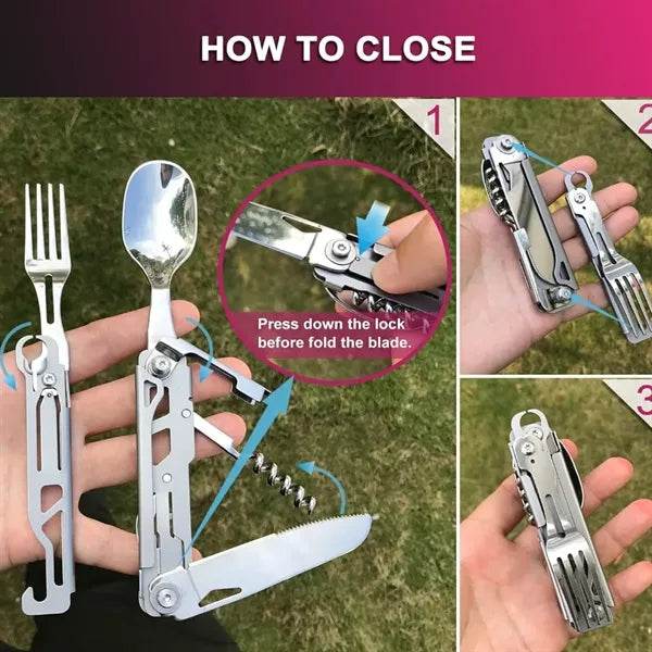 HUPSTL781 5 in 1 Camping Utensils Folding Cutlery w/Pouch