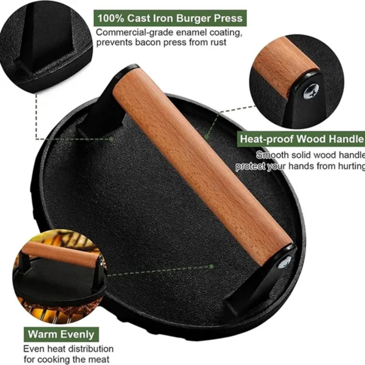 HUPSTL796 Burger Meat Steak Press with Wood Handle
