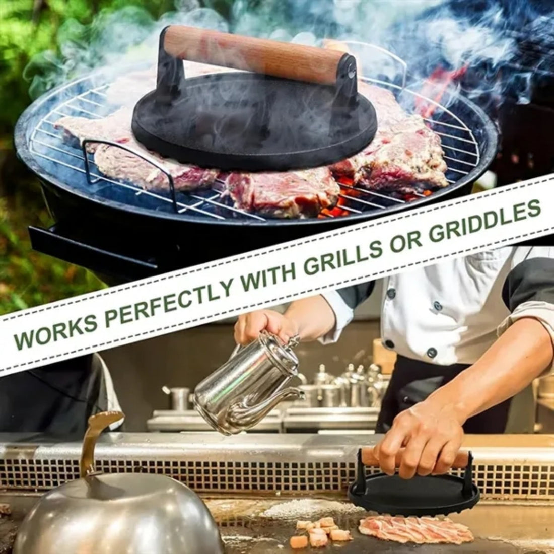 HUPSTL796 Burger Meat Steak Press with Wood Handle