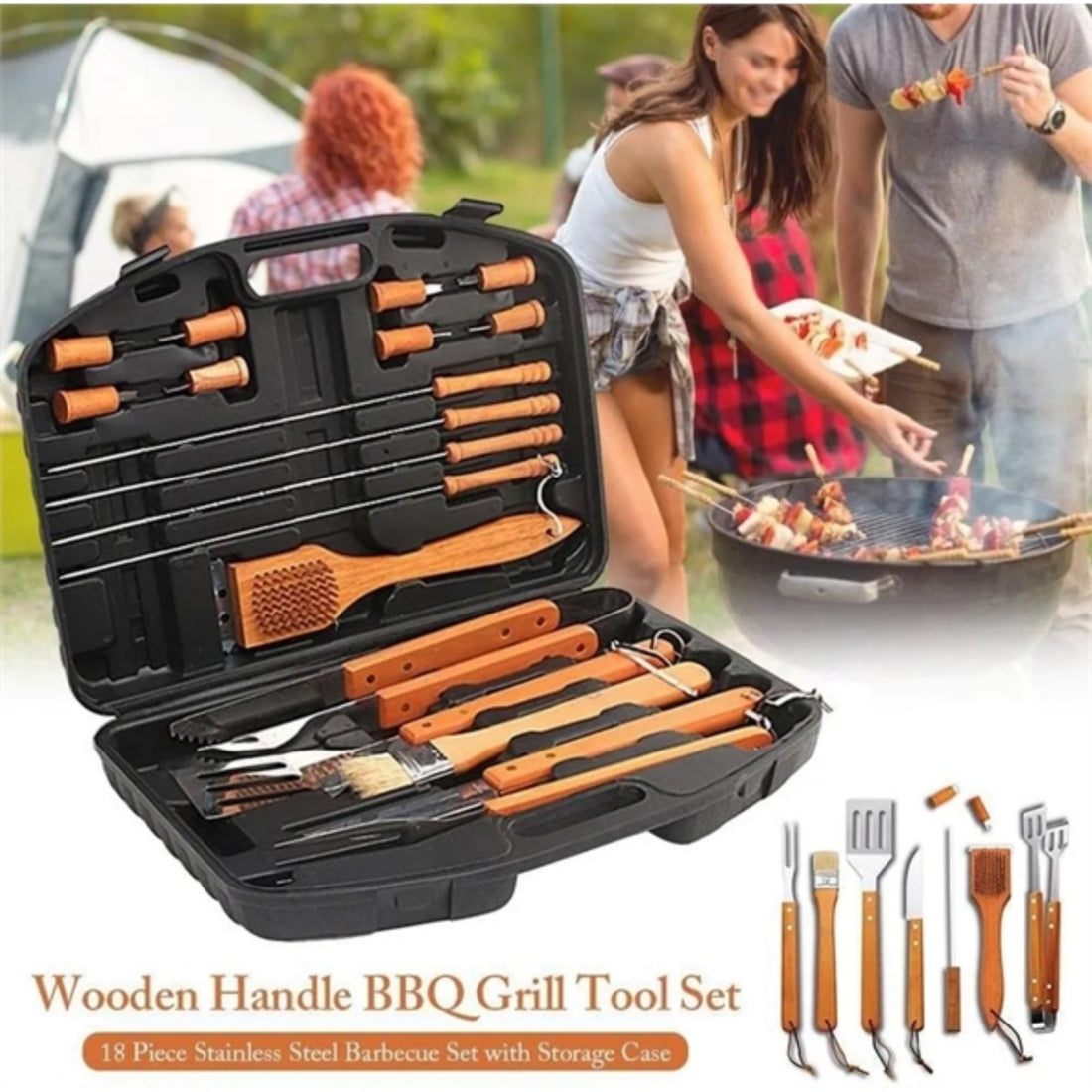 HUPSTL797 19 PCS Wooden Handle Barbecue Tools Set