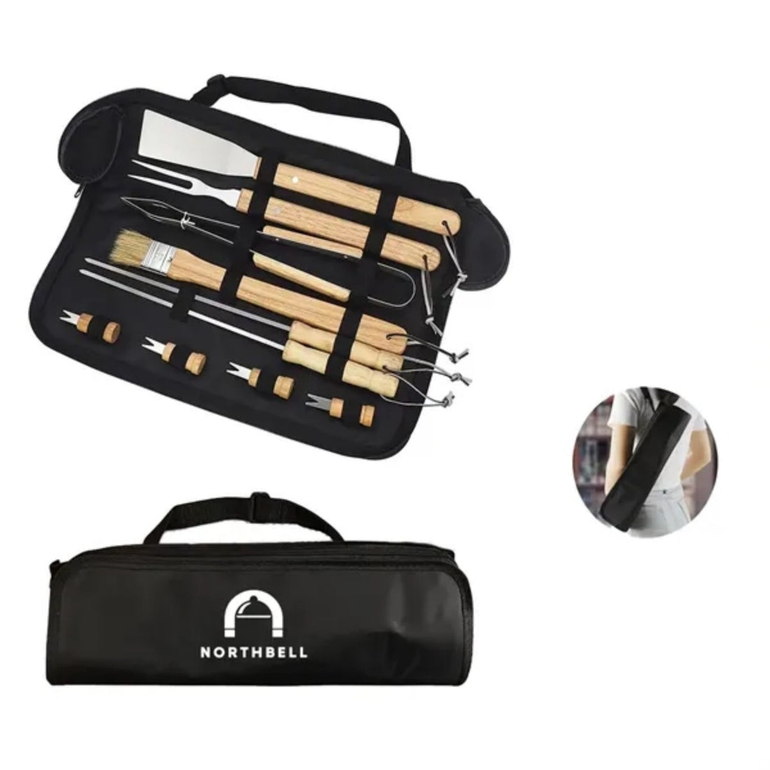 HUPSTL811 Wood 10pcs Stainless Steel BBQ Set with Carrying Bag