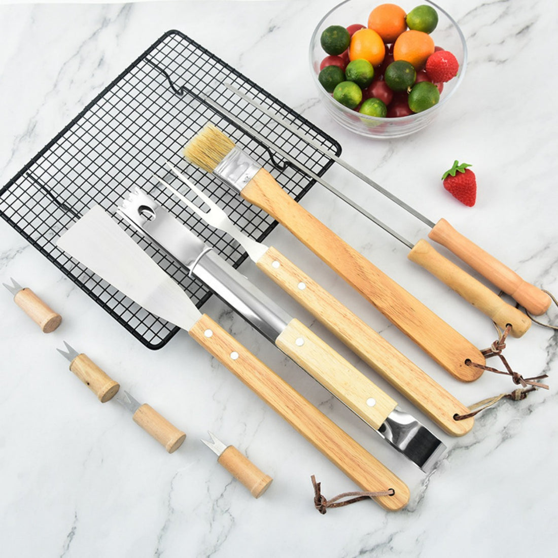 HUPSTL811 Wood 10pcs Stainless Steel BBQ Set with Carrying Bag