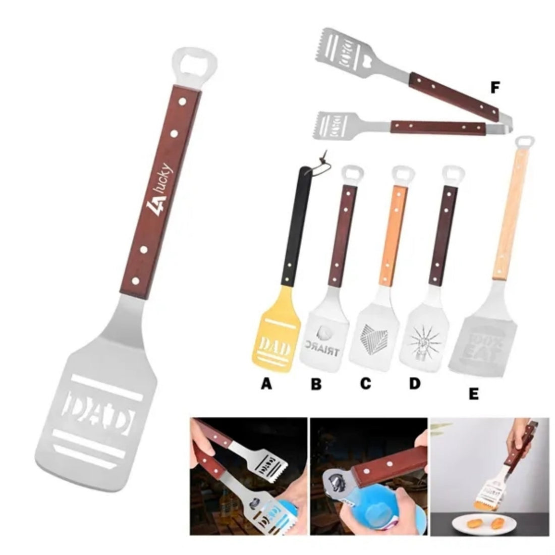 HUPSTL816 2-in-1 Steak Frying Spatula BBQ Grill Tongs &amp; Bottle Opener