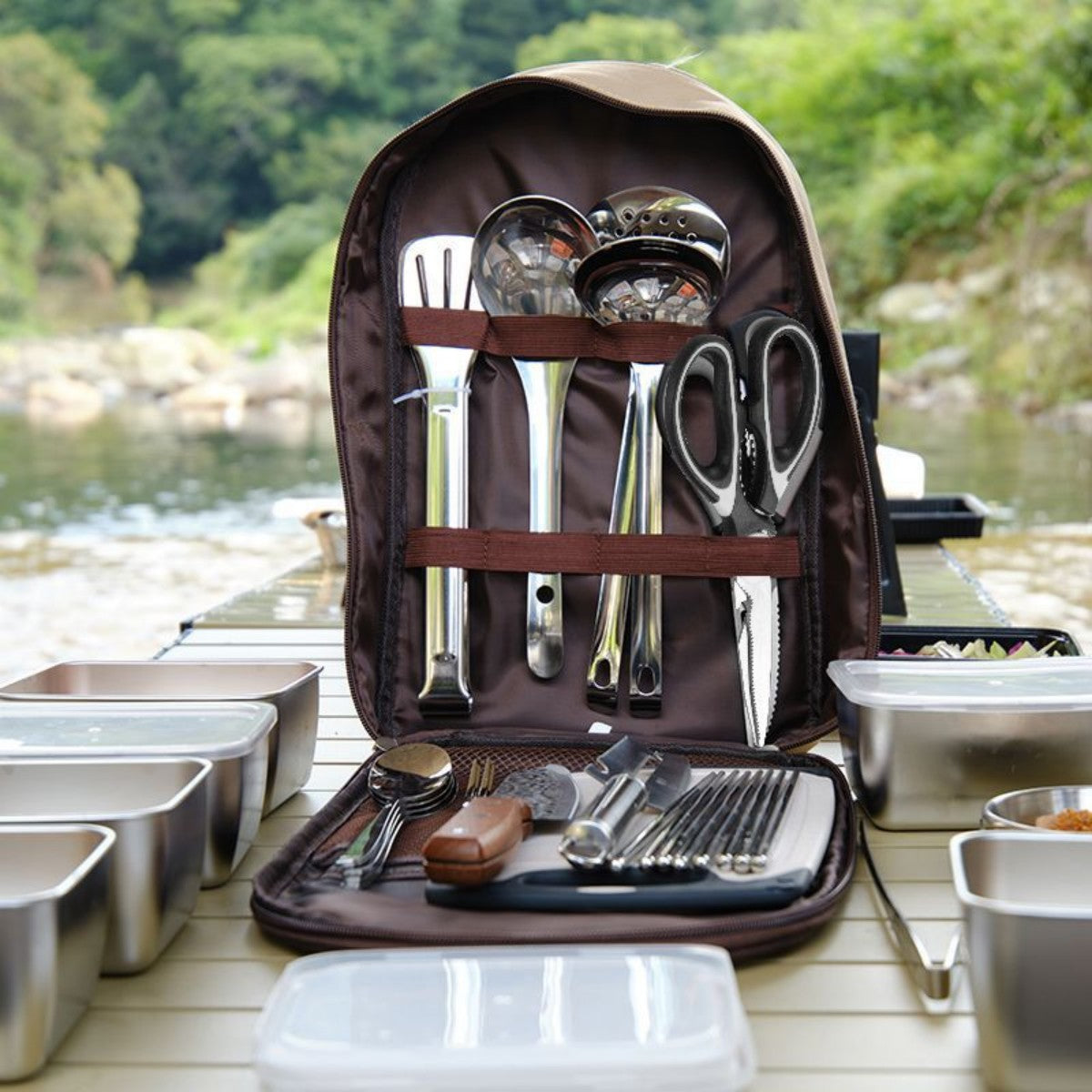 HUPSTL876 Outdoor Stainless Steel Cookware Set 14 1/8&quot; x 8 7/8 &quot; x 2&quot;